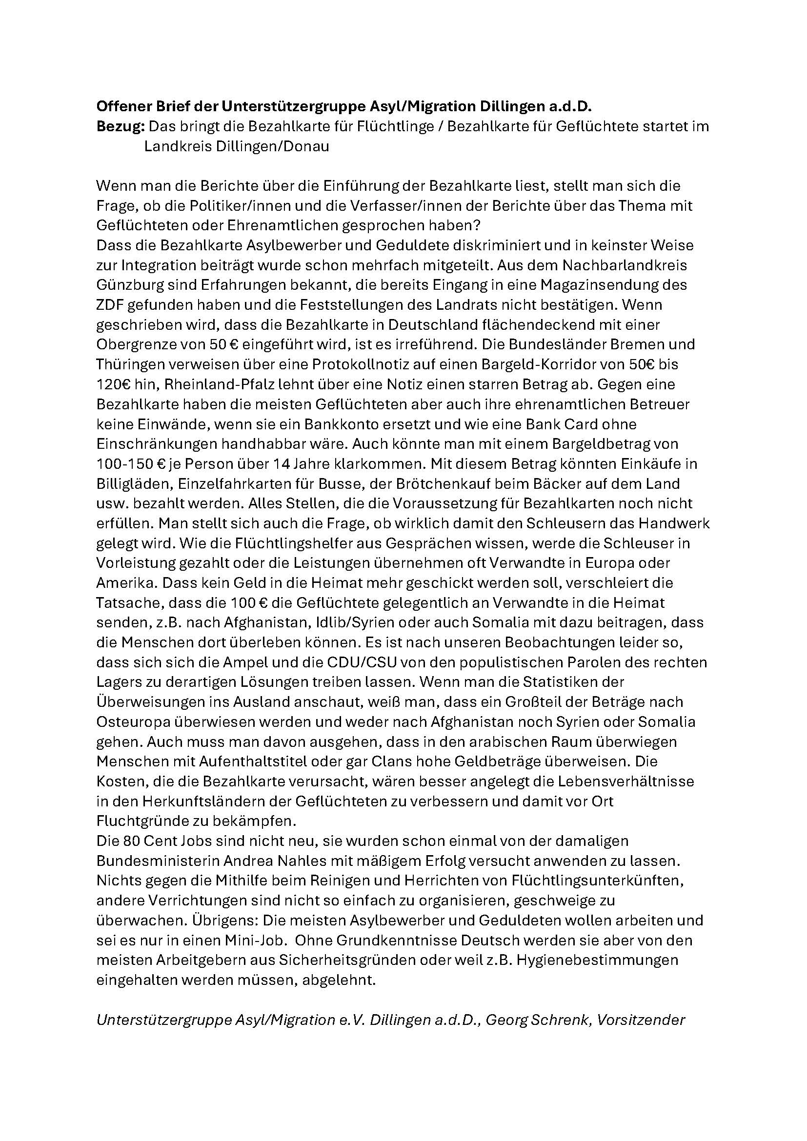 Offener Brief der Unterstutzergruppe Asyl Bezahlkarte